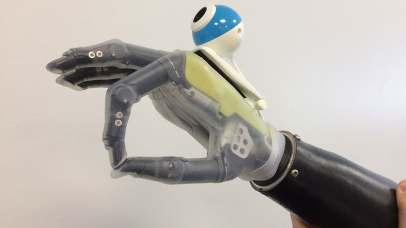 The hand uses a camera to scan the object and the data is fed to its electronic brain