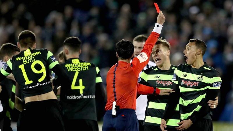 Graham Burke (far right) was sent off at Oriel Park on the opening round of the season