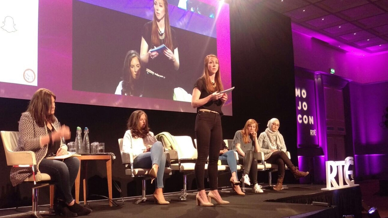 Sue Llewellyn, Emma O'Farrell, Kristin Granbo, Sumaiya Seedat, Eva Schulz & Nusaiba Mubarack at MoJoCon speaking about how to reach 'millenials' through snapchat