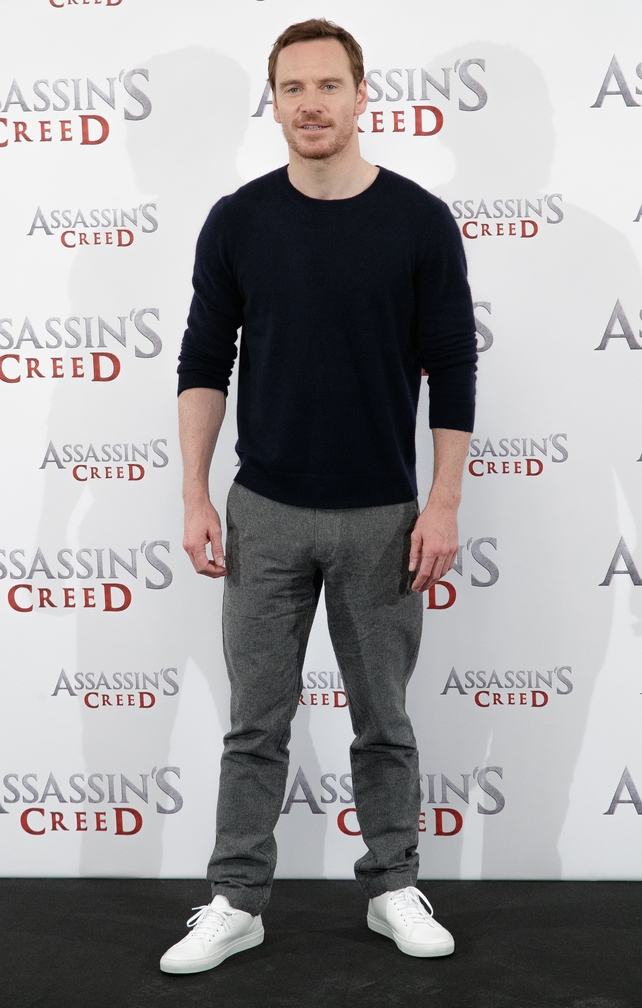 Check out those sparkling white runners. Michael showing his casual style at the 'Assassin's Creed' Madrid Photocall in 2016!