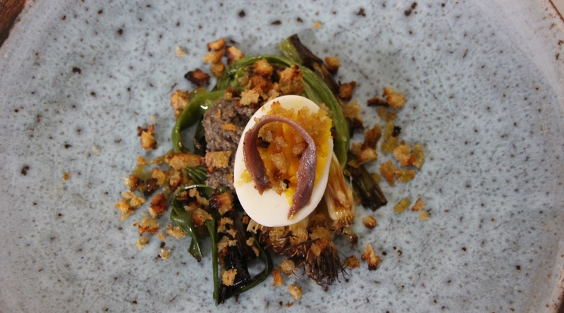 Rory O'Connell's Grilled Scallions with Mushrooms and Anchovy, Hens Egg and Pan Gratatta.