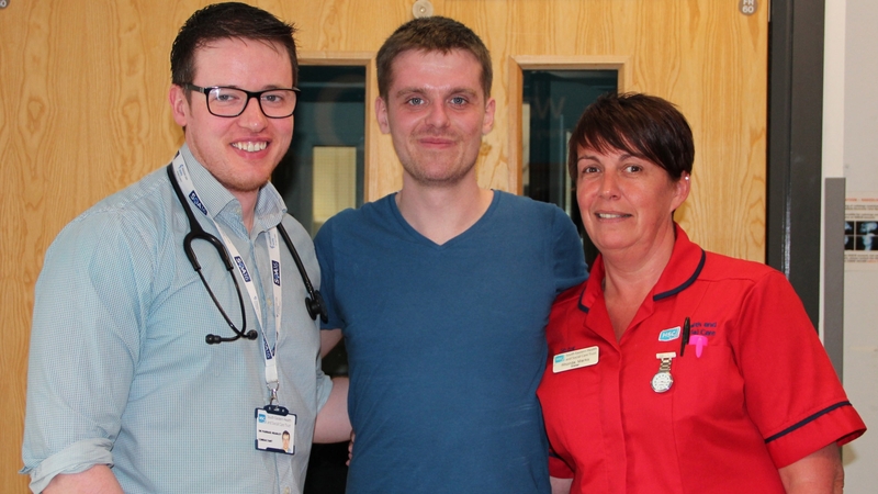 Matthew Bryce pictured with staff at the Ulster Hospital