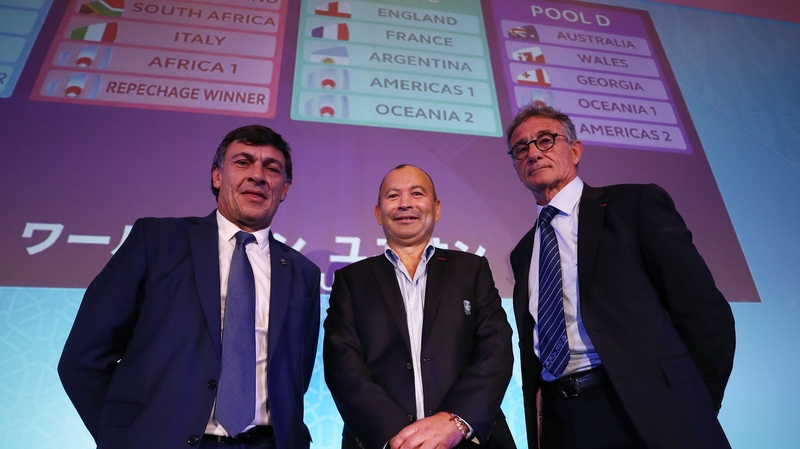 Daniel Hourcade (L), head coach of Argentina, Eddie Jones (C), Head Coach of England and Guy Noves, Head Coach of France