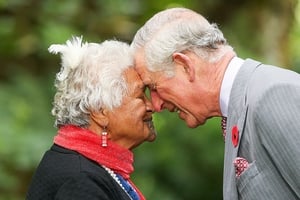 The Prince of Wales is greeted with a hongi during the 'Tea With Taranaki' in New Zealand in 2015.