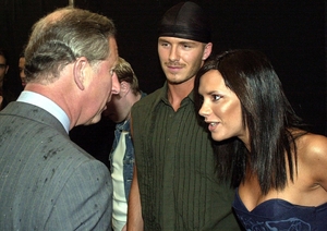 The Prince of Wales meets Victoria and David Beckham at the Princes Trust Capital FM 'Party in the Park' 2000.
