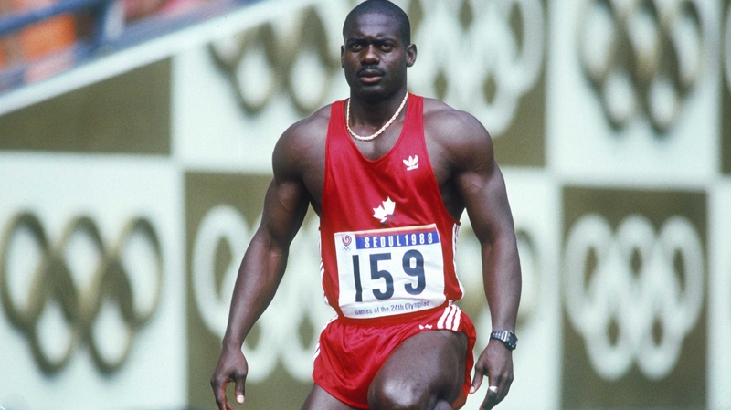 Ben Johnson at the start of the 100m semi-final at Seoul Olympic Stadium in 1988