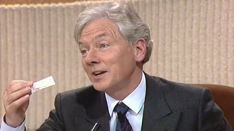 'That is the dreaded object': Gay Byrne demonstrates how to use a condom on The Late Late Show in May 1987. Photo: RTÉ