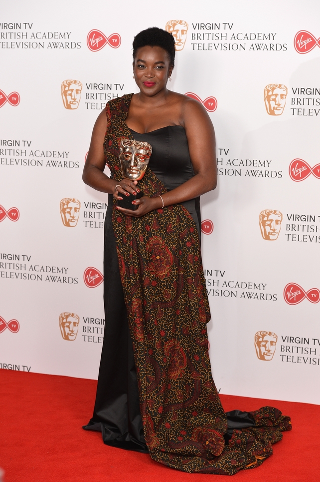 Wunmi Mosaku, winner of the Supporting Actress award for 'Damilola, Our Loved Boy', wore a floor length printed dress with one shoulder.