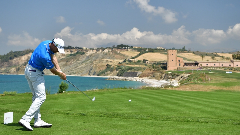 Michael Hoey hits his tee shot at the 16th hole during the second round of The Rocco Forte Open