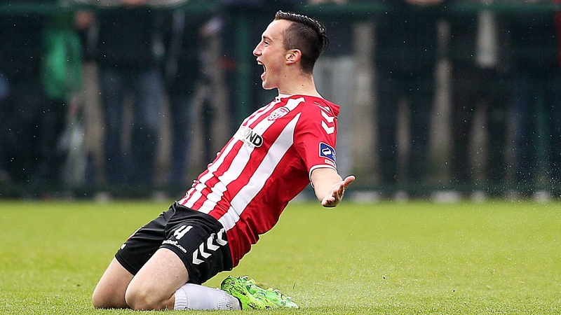 Aaron McEneff celebrates opening the scoring at Maginn Park