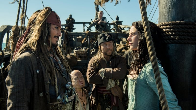Johnny Depp as Captain Jack Sparrow gets to know Carina Smyth (Kaya Scodelario) in Pirates of the Caribbean: Dead Men Tell No Tales