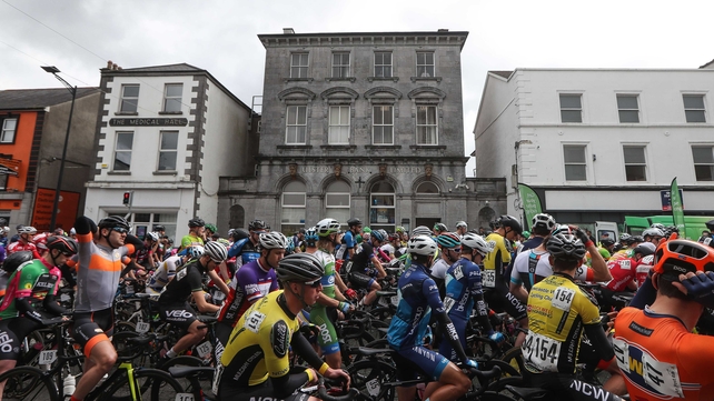 The riders make their way out of Longford