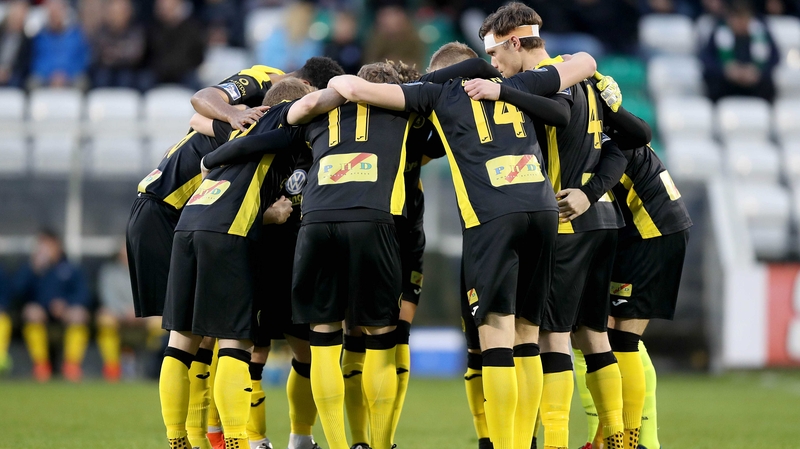 The Sligo Rovers team huddle before their clash with Shamrock Rovers
