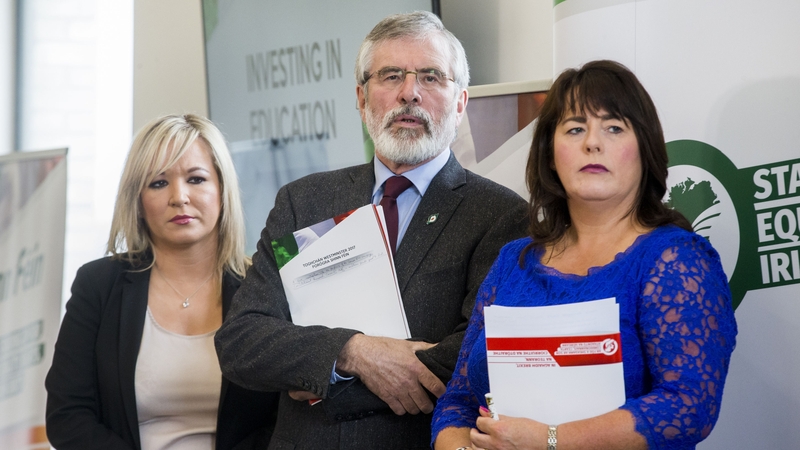 Michelle O'Neill, Gerry Adams and Michelle Gildernew launching the Sinn Féin manifesto