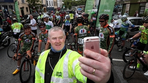 Pat Dowd takes a selfie at the start of today's stage in Newport,