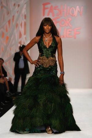 Naomi Campbell is breathtaking in green feathers at the Fashion For Relief show in 2008.