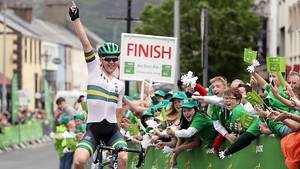 Michael Storer celebrates his stage win in Buncrana