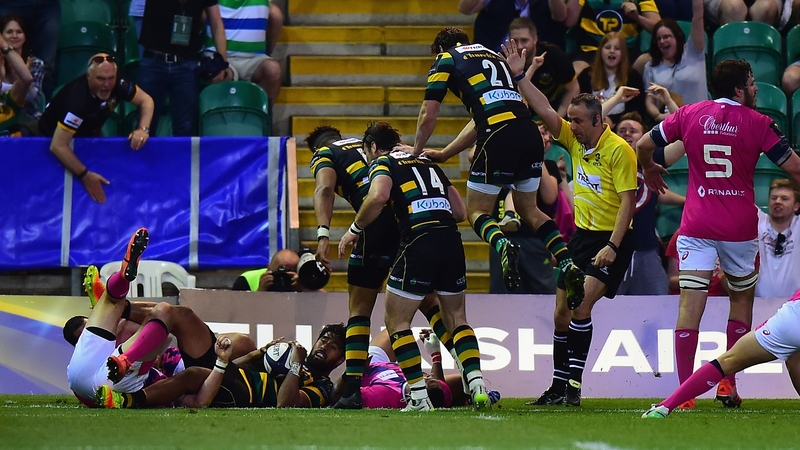 Ahsee Tuala of Northampton Saints scores a try