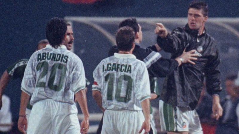 Niall Quinn is restrained during the stormy 1996 clash against Mexico in New Jersey