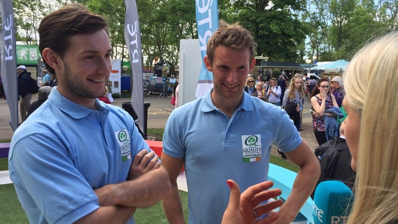 Irish Olympic medalists Paul (l) and Gary O'Donovan talk to Jacqui Hurley for RTÉ News