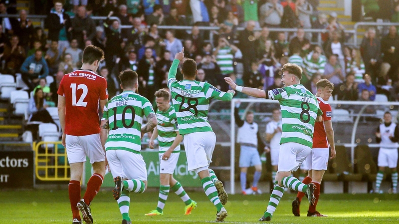 Graham Burke celebrates his goal for Shamrock Rovers against St Pat's