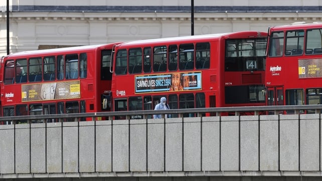 London buses lined up on London Bridge after they were abandoned during the attack