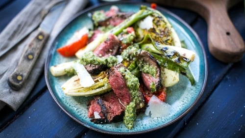 Donal Skehan's five-minute Griddled Minute Steak with Baby Gem, Spring Onion & ChimmiChurri.