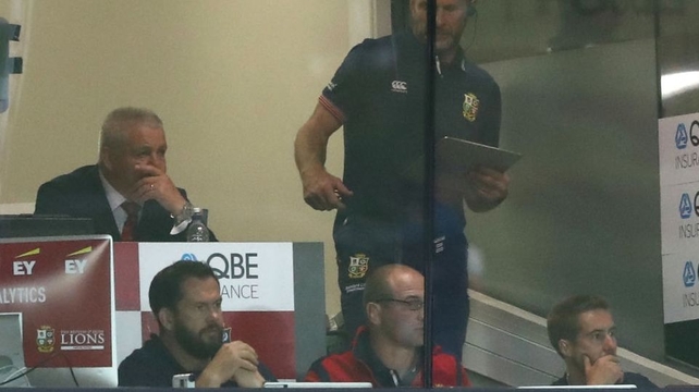 Lions head coach Warren Gatland watches on