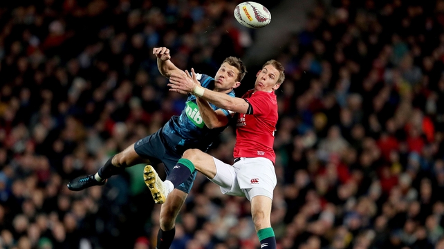 The Lions' Liam Williams is shown a yellow card for a high tackle on Matt Duffie