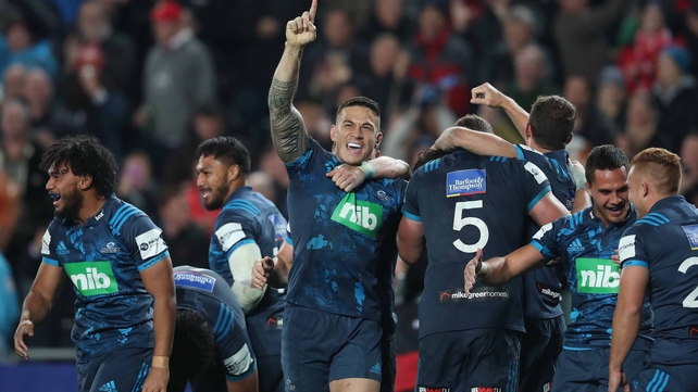 The Blues Sonny Bill Williams celebrates with his team-mates at the final whistle
