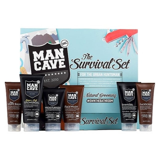ManCave's Survival Gift Set of shower gel, moisturiser, face wash, face scrub, shave gel and post-shave balm is €39.99 is Boots.