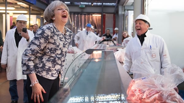Theresa May in London's Smithfield meat market this morning on the final day of campaigning for tomorrow's general election