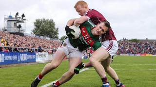 Galway's Declan Kyne tackles Cillian O'Connor of Mayo tangle in Salthill