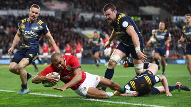 Jonathan Joseph crosses the try line for the Lions