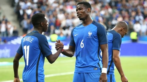 Ousmane Dembele celebrates his goal with Paul Pogba