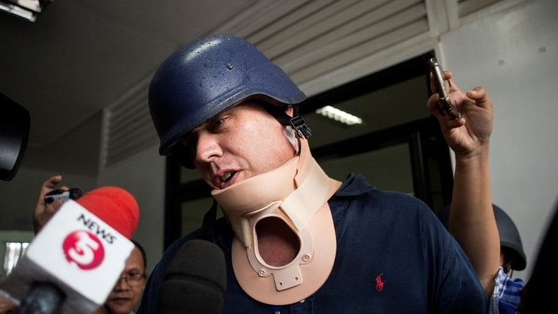 Adam Harvey speaks to the media after his treatment in Iligan