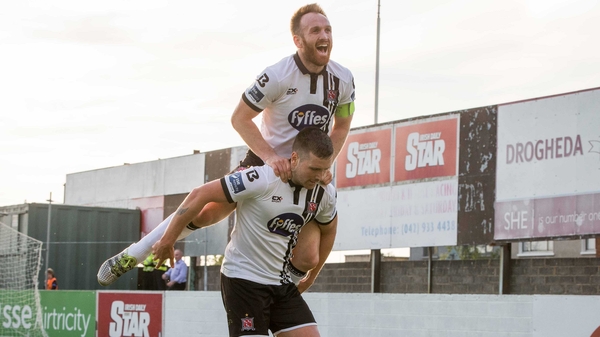 Patrick McEleney is mobbed by Stephen O'Donnell after his goal against Drogheda