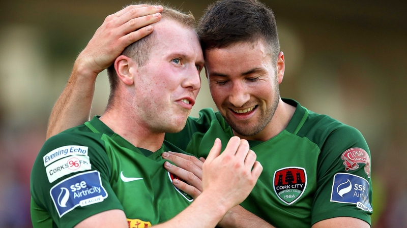 Cork's Stephen Dooley celebrates scoring his sides second goal with Gearoid Morrissey