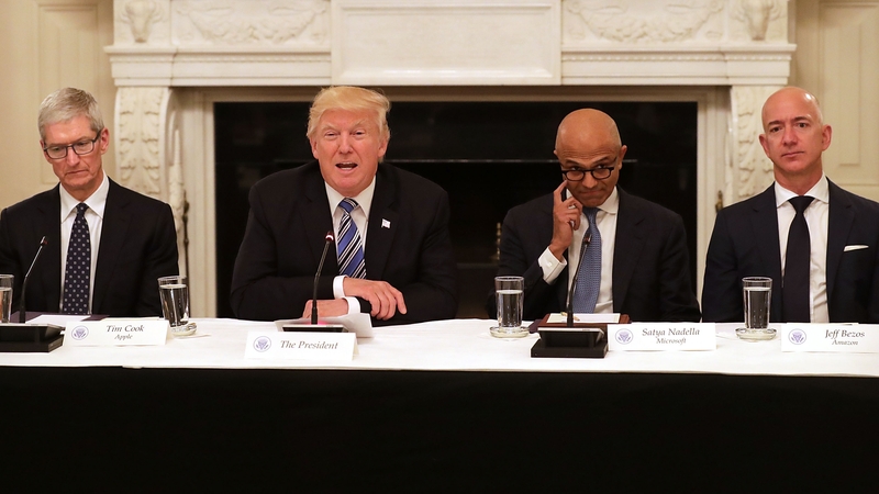 Apple CEO Tim Cook, President Donald Trump, Microsoft CEO Satya Nadella and Amazon's Jeff Bezos at the technology discussions