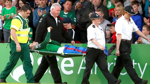 John Dunleavy is stretchered off during Cork's win against Limerick