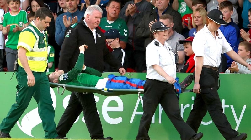 John Dunleavy is stretchered off during Cork's win against Limerick