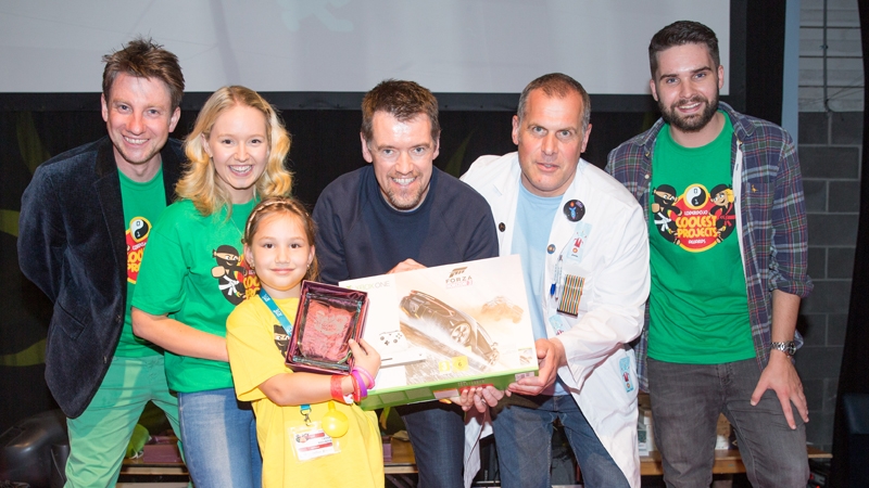 Coolest Projects winner with some of the judges and RTÉ's Gillian Stedman (left) and Philip Smyth a