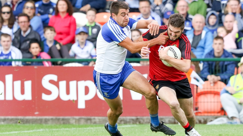Connaire Harrison fends off the challenge of Monaghan defender Drew Wylie