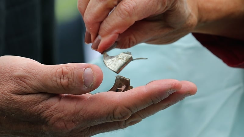 Metal schrapnel from a defective Takata airbag is seen during a news conference in 2015