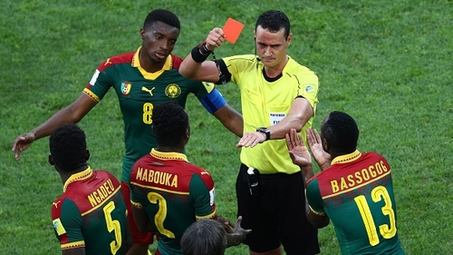 Cameroon's Emest Mabouka was sent off on the advice of the VAR during the Confederations Cup