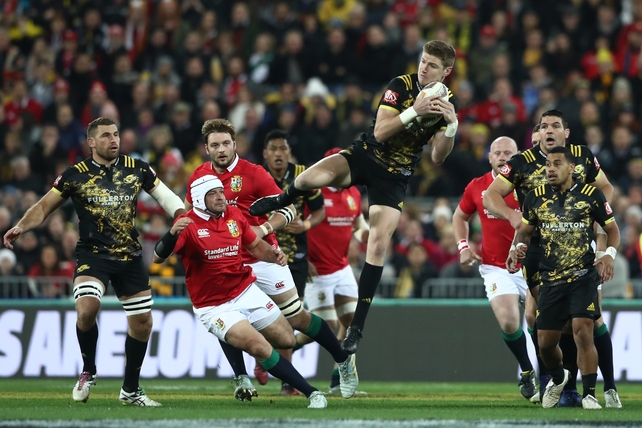 Jordie Barrett of the Hurricanes claims a high ball