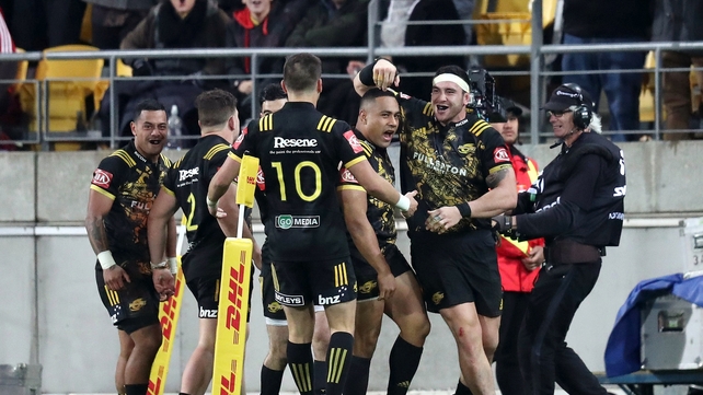 Hurricanes' Ngani Laumape celebrates scoring his try