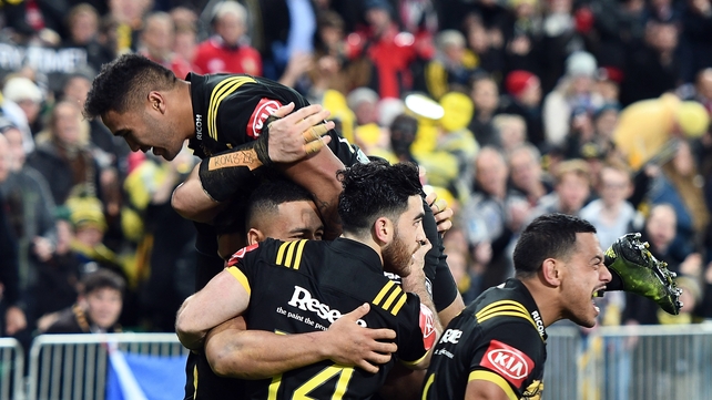 The Hurricanes celebrate one of their four tries