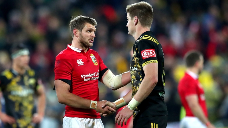 Dan Biggar and Jordie Barrett shake hands after the game