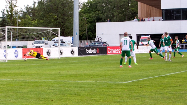 Garry Buckley scores their first goal past Sergei Lepmet